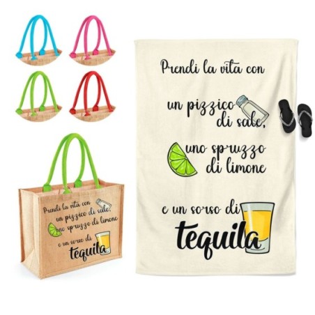 Coordinato telo borsa mare personalizzabile prendi la vita con pizzico di sale spruzzo di limone sorso di tequila Cocktail