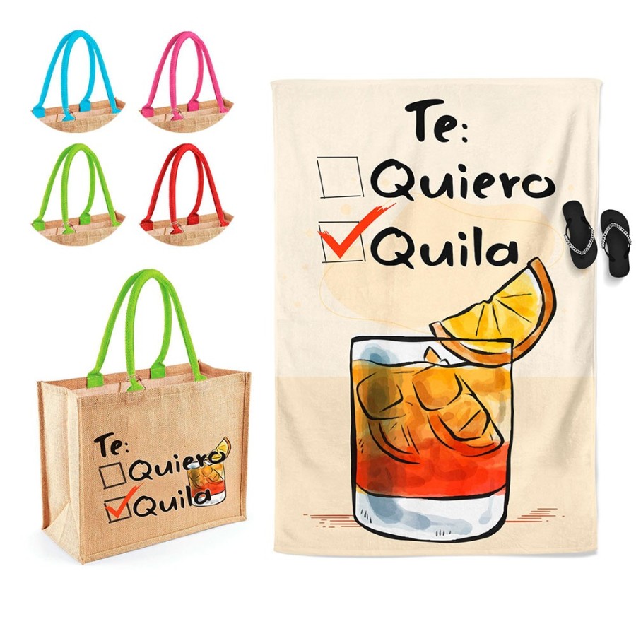 Coordinato telo e borsa mare personalizzabile con nome te quiero quila Cocktail