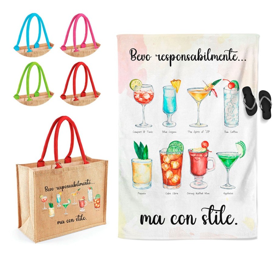 Coordinato telo e borsa mare personalizzabile con nome bevo responsabilmente... ma con stile Cocktail