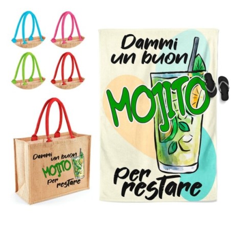 Coordinato telo e borsa mare personalizzabile con nome dammi un buon mojito per restare Cocktail