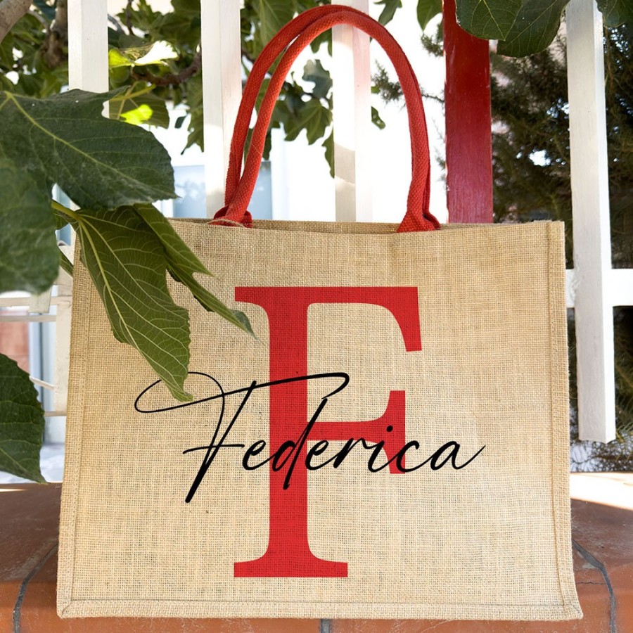 Borsa juta personalizzata con iniziali e nome colorati