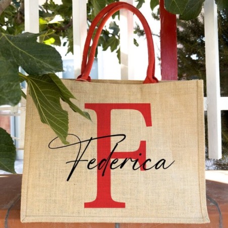Borsa juta personalizzata con iniziali e nome colorati