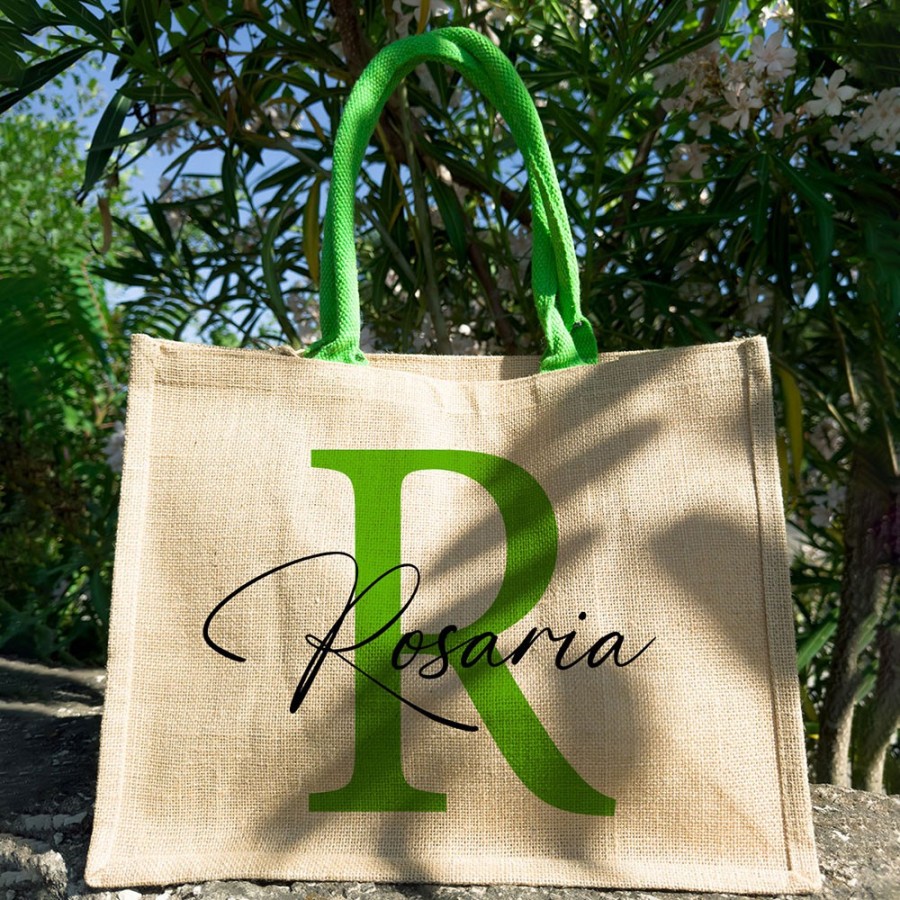 Borsa juta personalizzata con iniziali e nome colorati