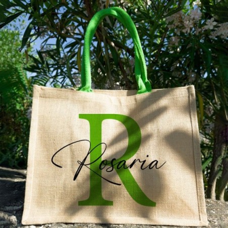 Borsa juta personalizzata con iniziali e nome colorati