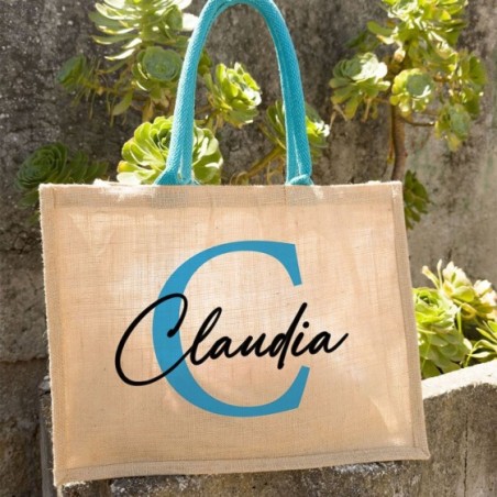 Borsa juta personalizzata con iniziali e nome colorati