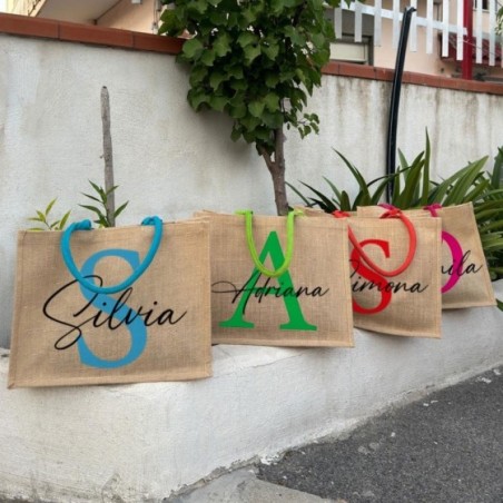 Borsa juta personalizzata con iniziali e nome colorati