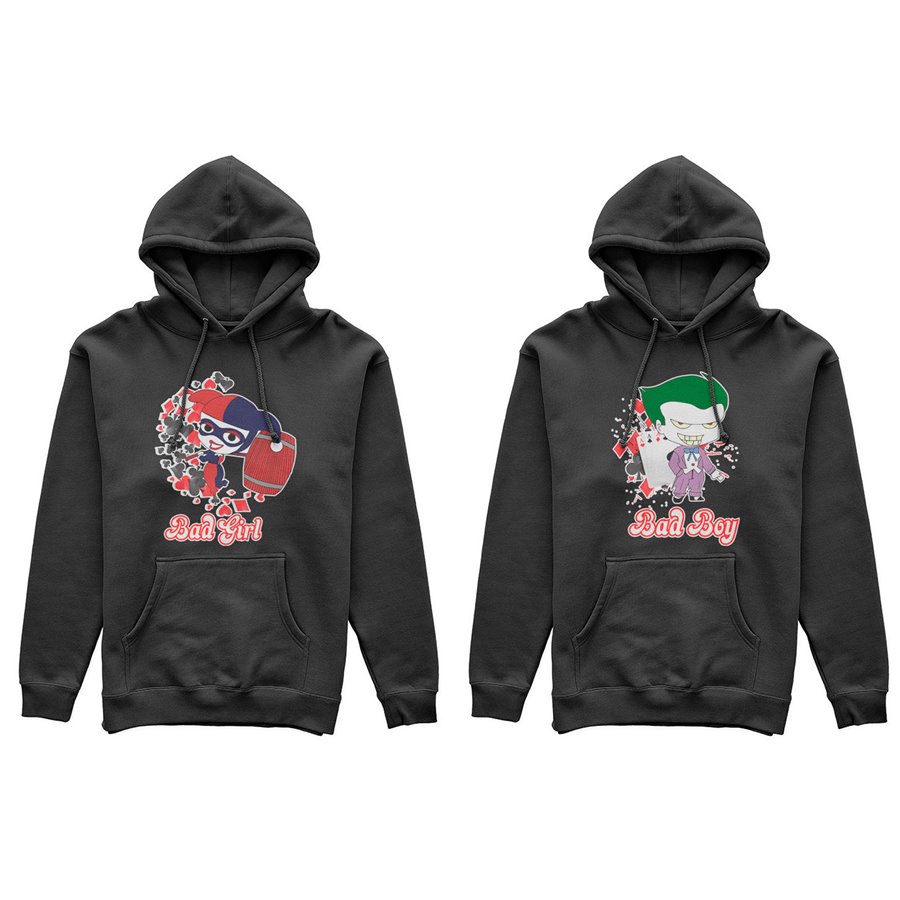 Coppia di felpe personalizzabili con nomi harley quinn bad girl e joker bad boy