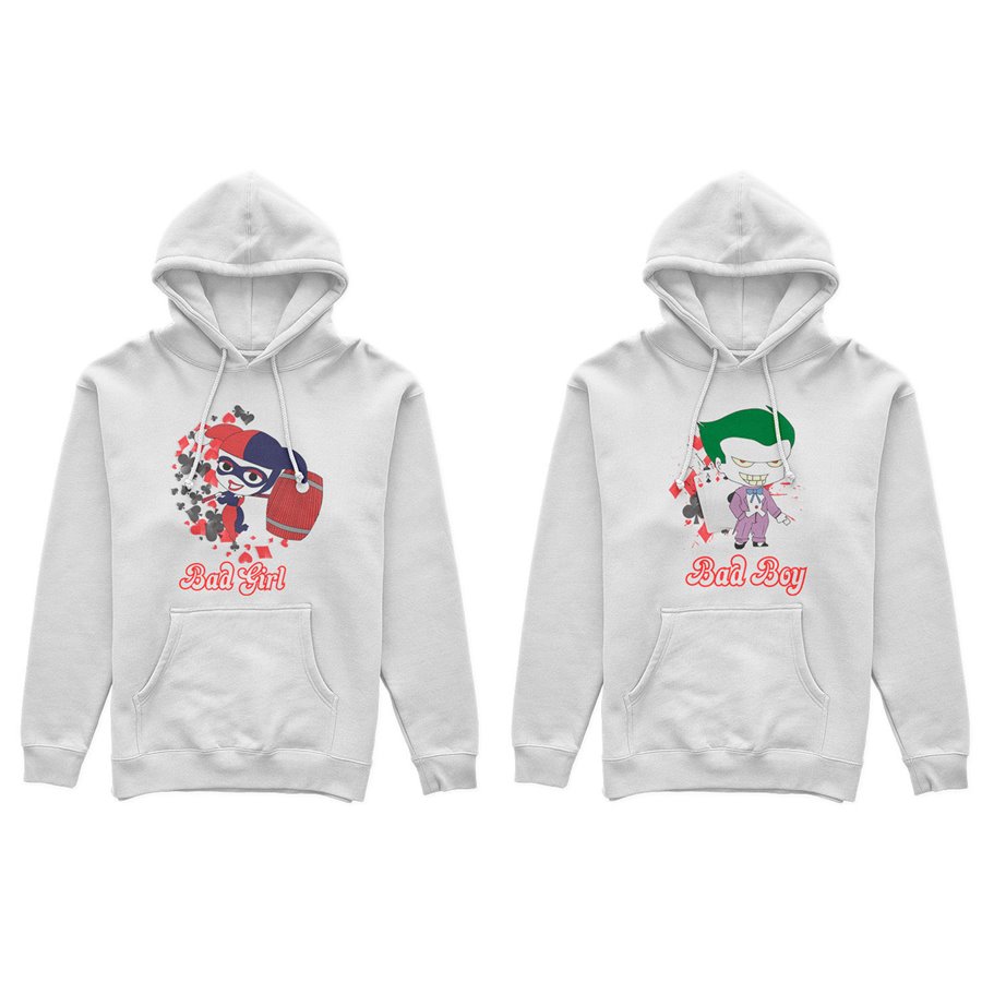 Coppia di felpe personalizzabili con nomi harley quinn bad girl e joker bad boy