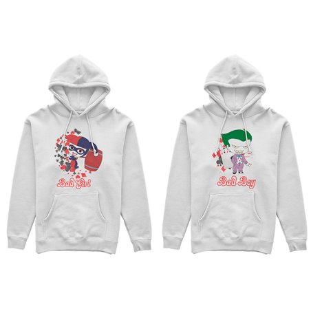Coppia di felpe personalizzabili con nomi harley quinn bad girl e joker bad boy
