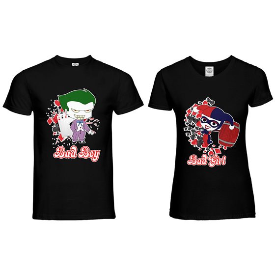 Coppia di maglie personalizzabili con nomi harley quinn bad girl e joker bad boy