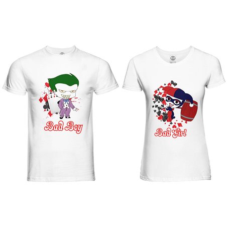 Coppia di maglie personalizzabili con nomi harley quinn bad girl e joker bad boy