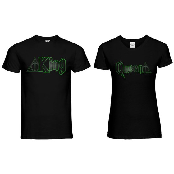 Coppia di maglie personalizzabili con nomi king e queen doni della morte 2
