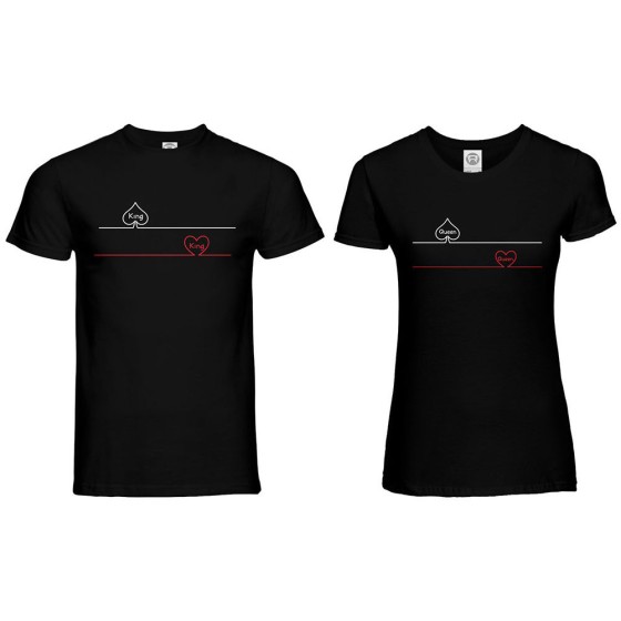Coppia di maglie personalizzabili con nomi king e queen picche e cuori 2