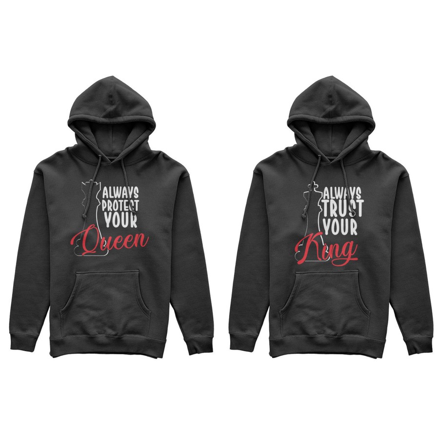 Coppia di felpe personalizzabili con nome always trust your king always protect your queen