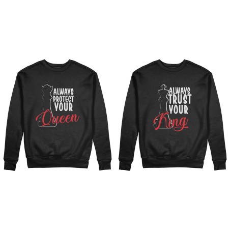Coppia di felpe personalizzabili con nome always trust your king always protect your queen