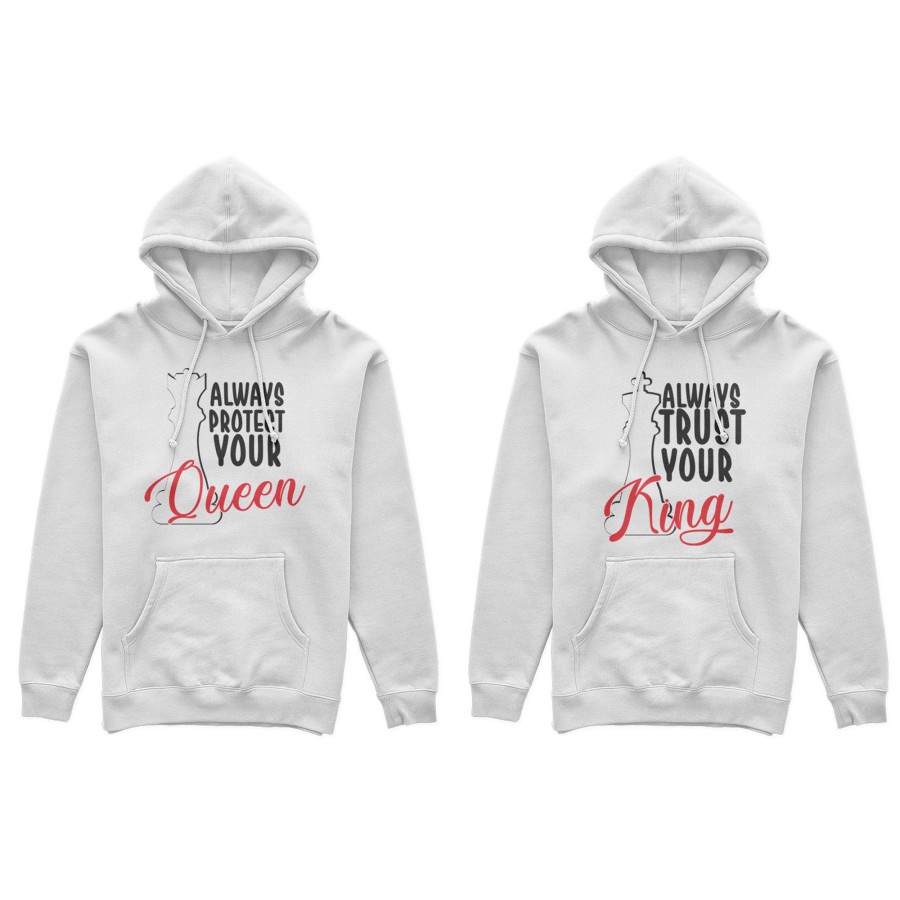 Coppia di felpe personalizzabili con nome always trust your king always protect your queen