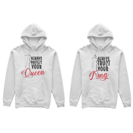 Coppia di felpe personalizzabili con nome always trust your king always protect your queen