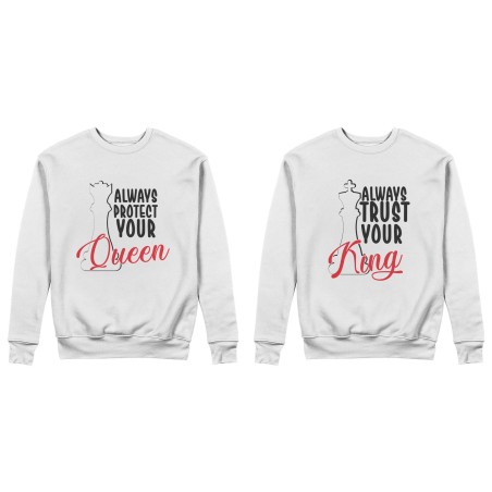 Coppia di felpe personalizzabili con nome always trust your king always protect your queen