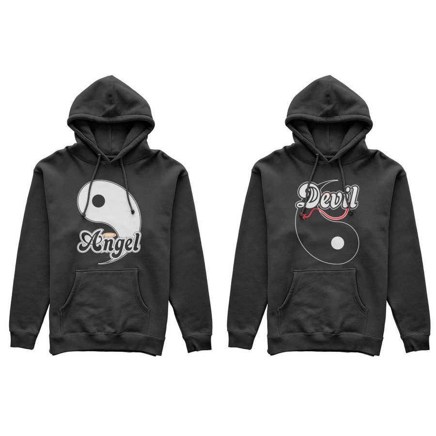 Coppia di felpe personalizzabili con nomi yin e yang angel e devil