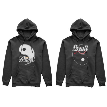 Coppia di felpe personalizzabili con nomi yin e yang angel e devil