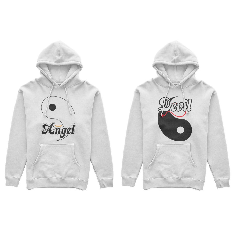 Coppia di felpe personalizzabili con nomi yin e yang angel e devil