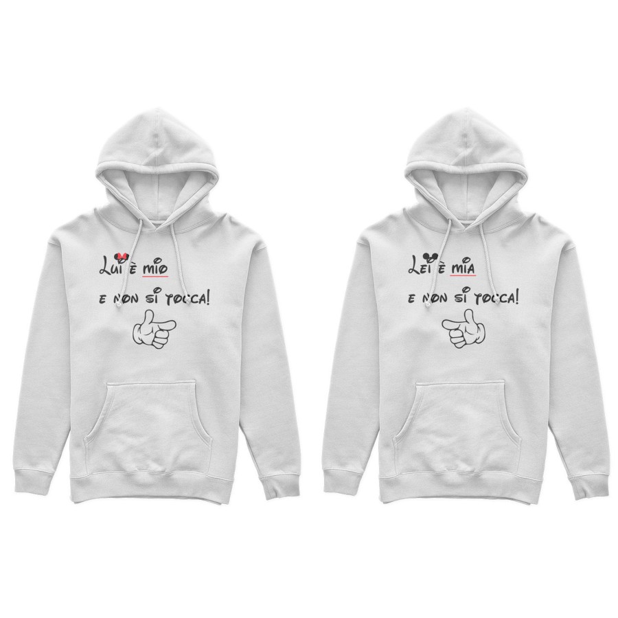 Coppia di felpe personalizzabili con nomi lui è mio non si tocca lei è mia non si tocca