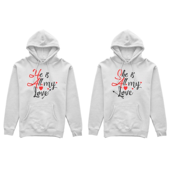 Coppia di felpe personalizzabili con nomi she is all my love he is all my love