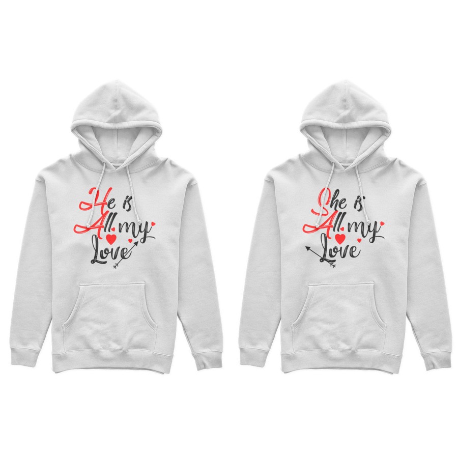 Coppia di felpe personalizzabili con nomi she is all my love he is all my love