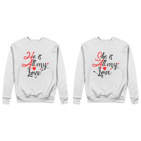 Coppia di felpe personalizzabili con nomi she is all my love he is all my love