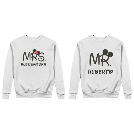 Coppia di felpe personalizzabili con nomi mr and mrs con orecchie