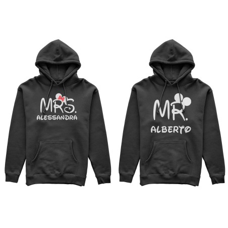 Coppia di felpe personalizzabili con nomi mr and mrs con orecchie