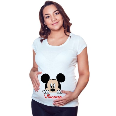 Maglia premaman personalizzata con nome topolino che esce...
