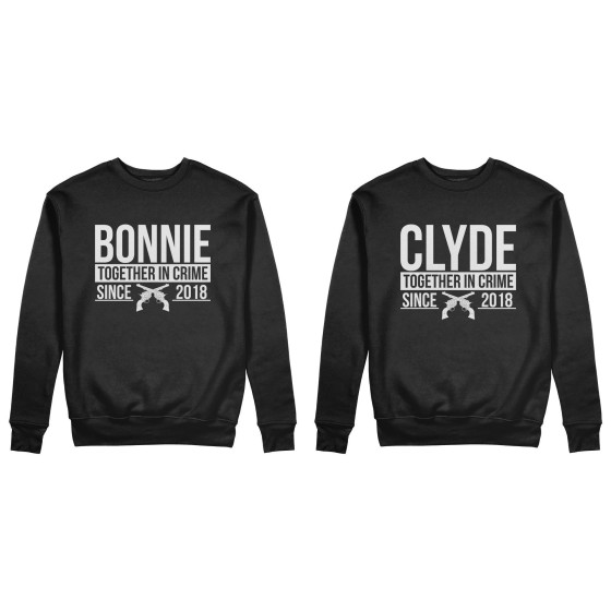 Coppia di felpe personalizzate con anno bonnie e clyde together in crime since