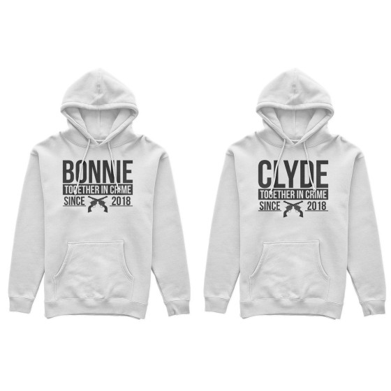 Coppia di felpe personalizzate con anno bonnie e clyde together in crime since 2