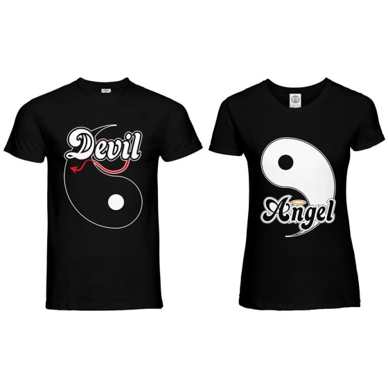 Coppia di maglie personalizzabili con nomi yin e yang angel e devil