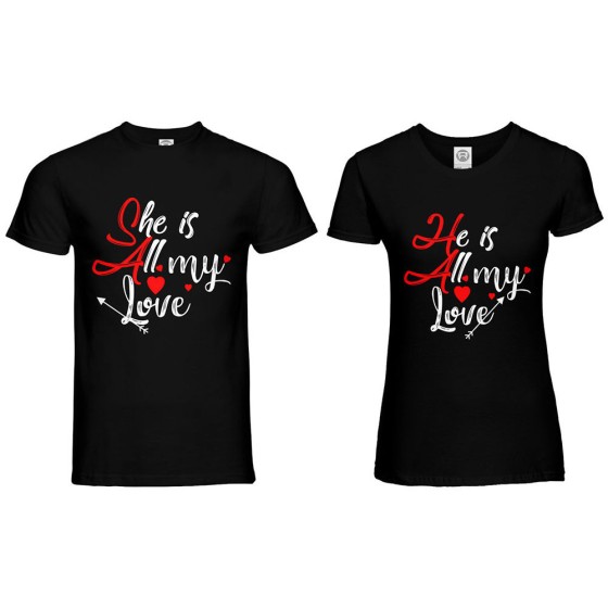 Coppia di maglie personalizzabili con nomi she is all my love he is all my love