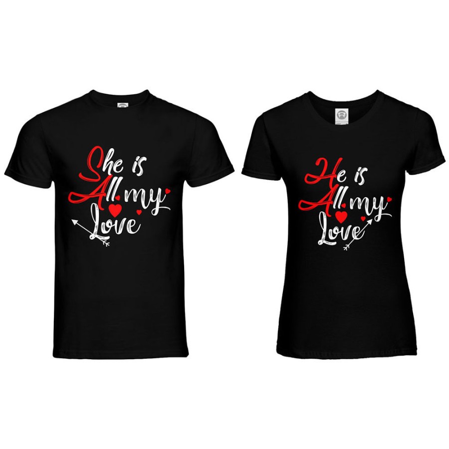 Coppia di maglie personalizzabili con nomi she is all my love he is all my love