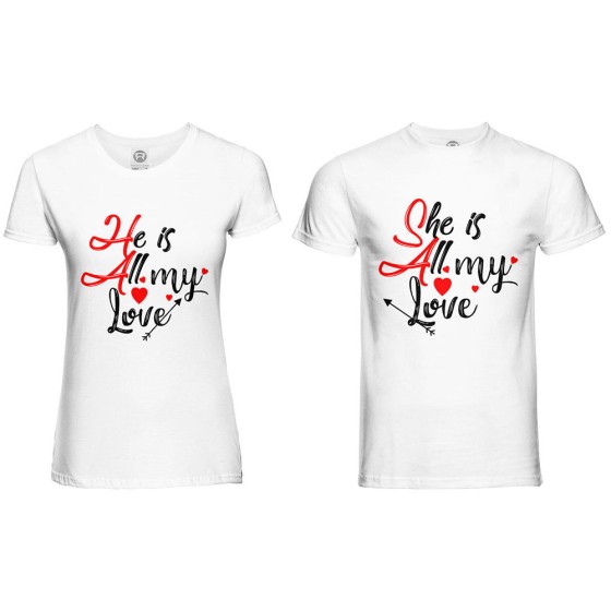 Coppia di maglie personalizzabili con nomi she is all my love he is all my love 2