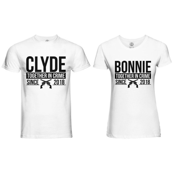 Coppia di maglie personalizzate con anno bonnie e clyde together in crime since 2