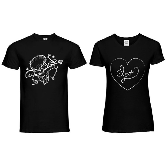 Coppia di maglie personalizzabili con nomi cupido love stilizzato