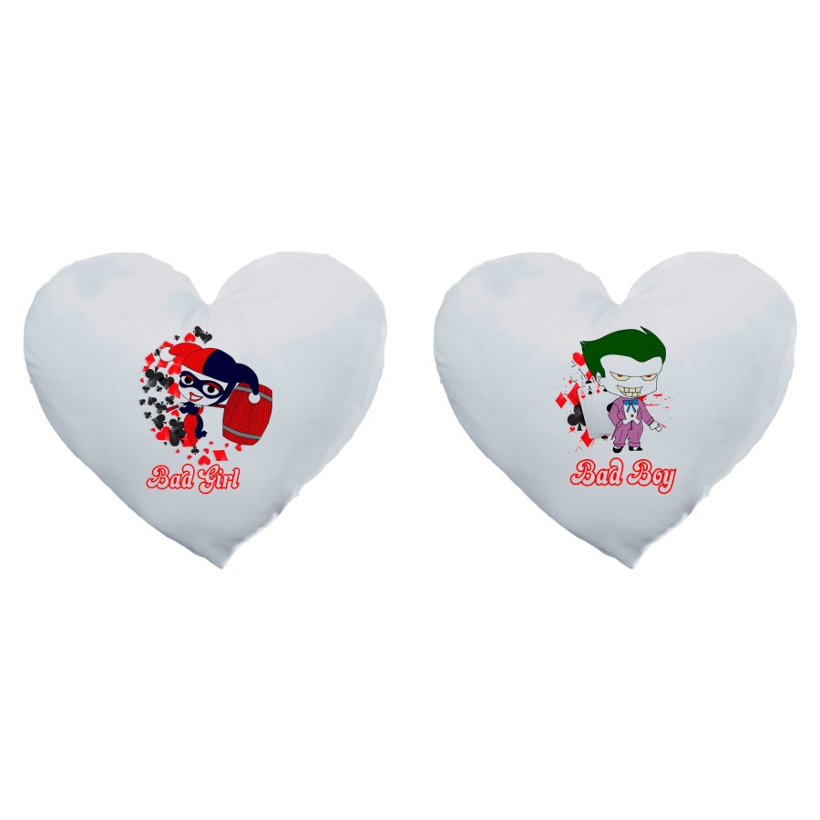 Coppia di cuscini personalizzabili con nomi harley quinn bad girl e joker bad boy