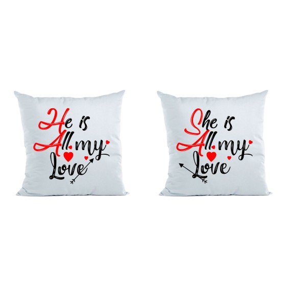 Coppia di cuscini personalizzabili con nomi she is all my love he is all my love