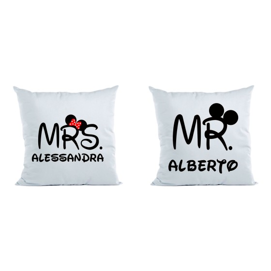 Coppia di cuscini personalizzabili con nomi mr and mrs con orecchie