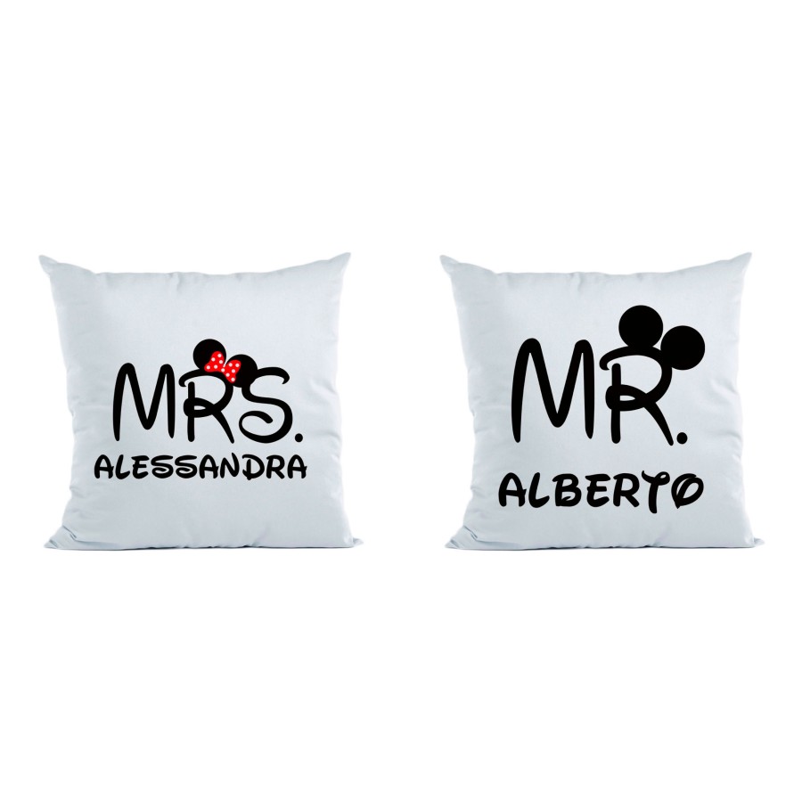 Coppia di cuscini personalizzabili con nomi mr and mrs con orecchie