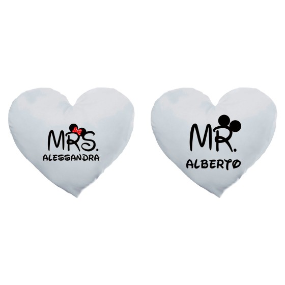 Coppia di cuscini personalizzabili con nomi mr and mrs con orecchie 2