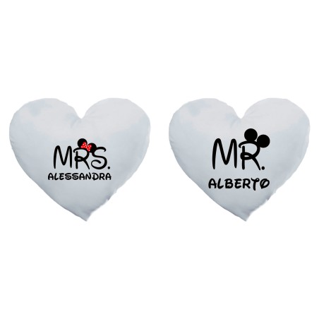 Coppia di cuscini personalizzabili con nomi mr and mrs con orecchie
