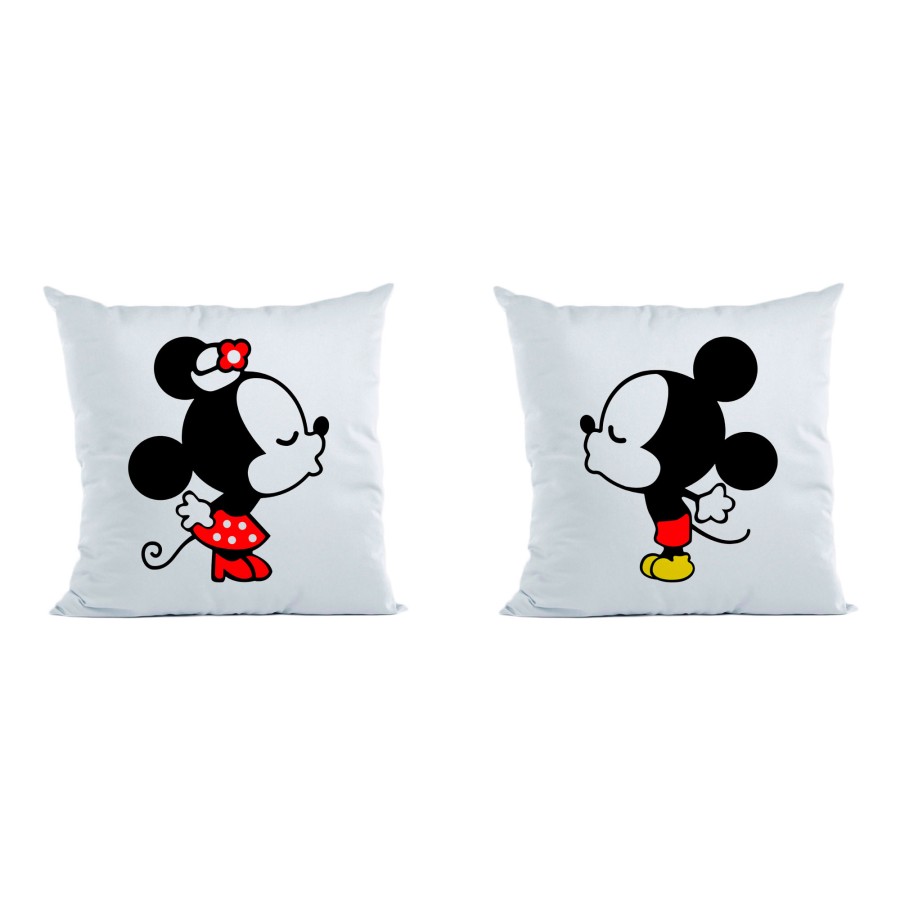 Coppia di cuscini personalizzabili con nome mr and mrs con bacio dei topolini