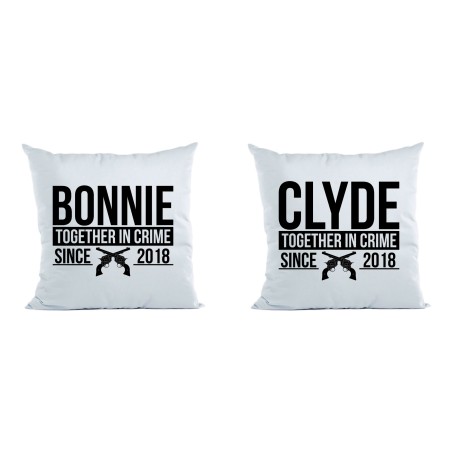 Coppia di cuscini personalizzati con anno bonnie e clyde together in crime since