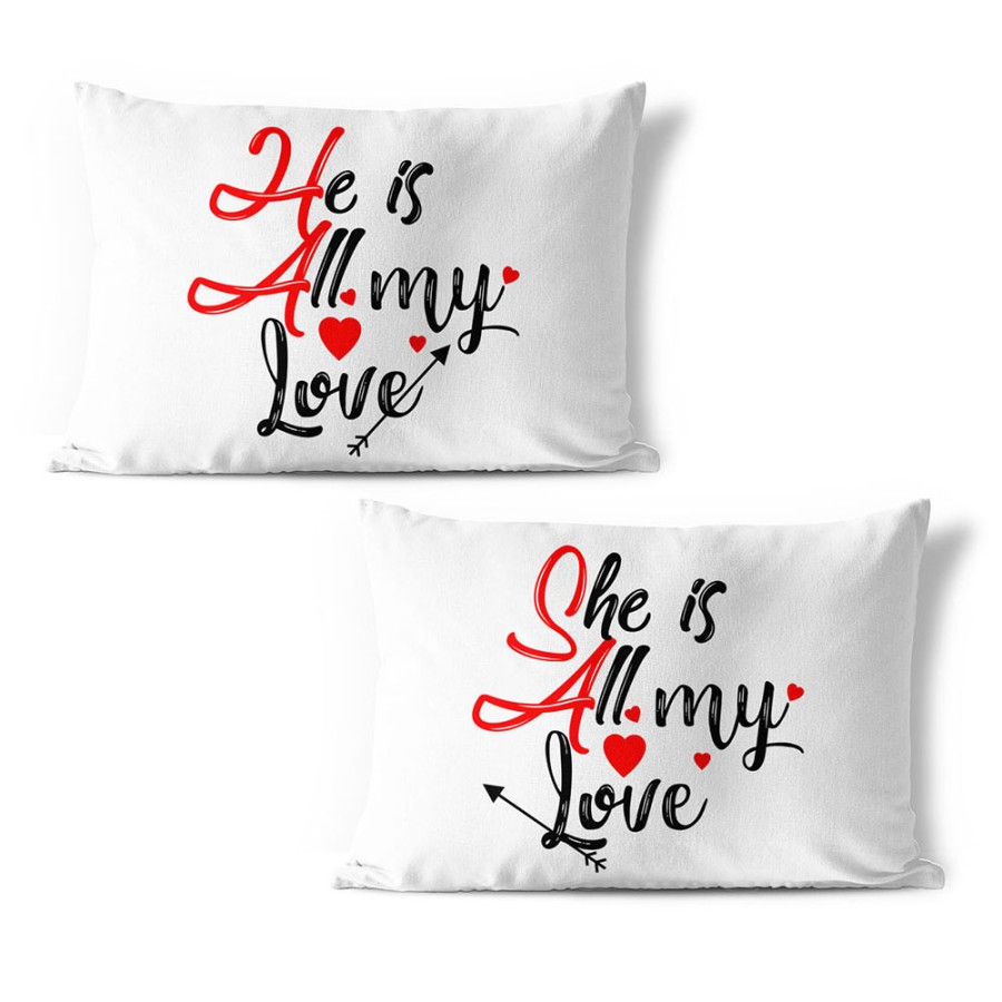 Coppia di federe personalizzabili con nomi she is all my love he is all my love