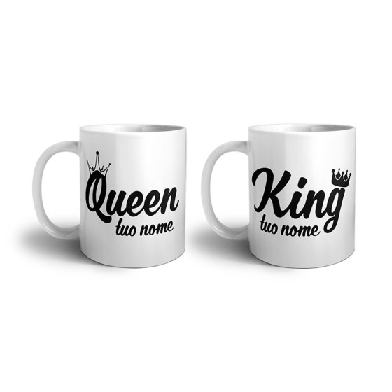 Coppia di tazze personalizzabili con nomi king e queen con corona